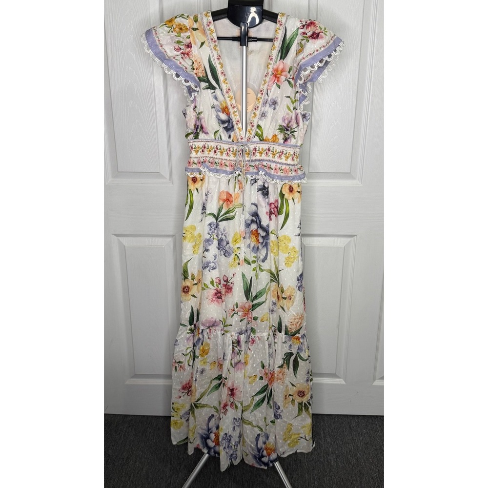 Camila Coelho Floral Swiss Dot Maxi Dress Women Small Deep V Smocked NWT
